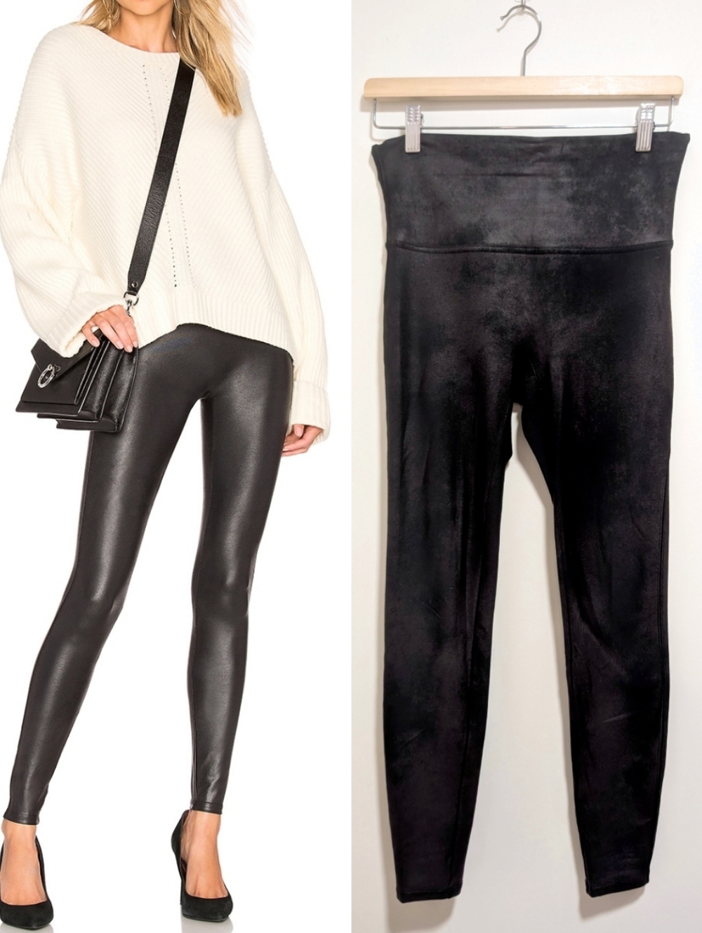 SPANX | Distressed Faux Leather Fleece-Lined Leggings In Black